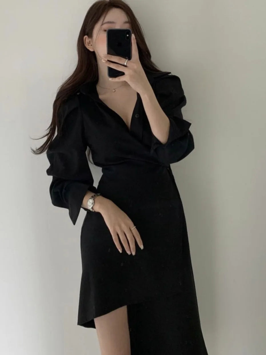 Early Autumn Shirt Dress Women's Mid-Length Asymmetrical Single-Button Notch Collar Slimming Style Commute Fashion