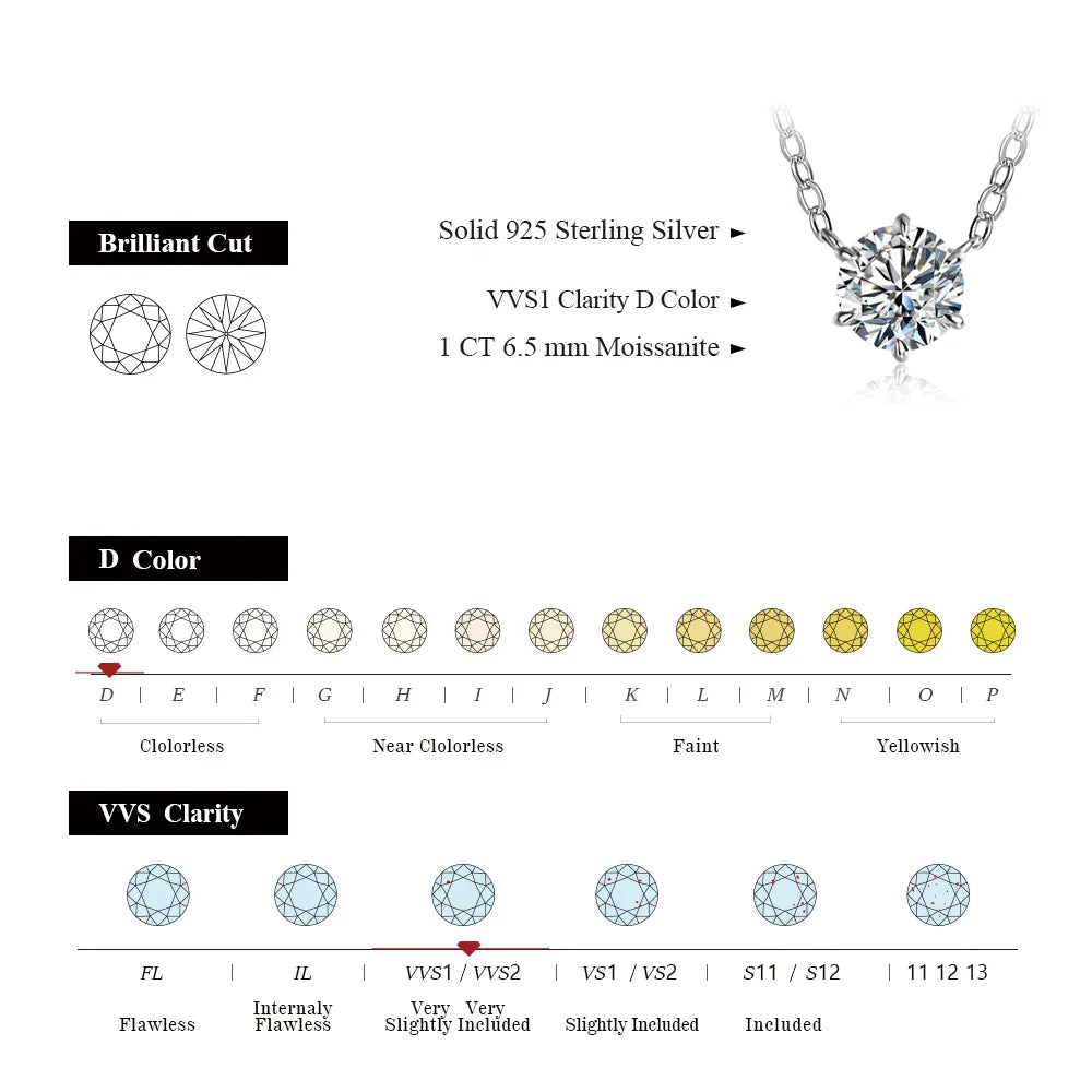 925 Silver Necklace Pendant Round Cut 1.0ct D Color White Moissanite Pass Diamond Test for Women Elegant Necklace