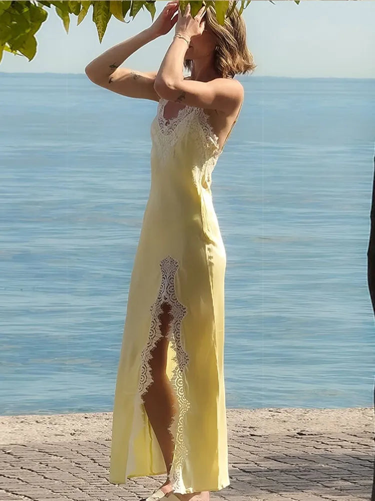 Yellow V Neck Satin Lace Patchwork Maxi Dress Chic Spaghetti Strap Backless Slip Robe 2026 Summer New Lady Beach Holiday Vestido