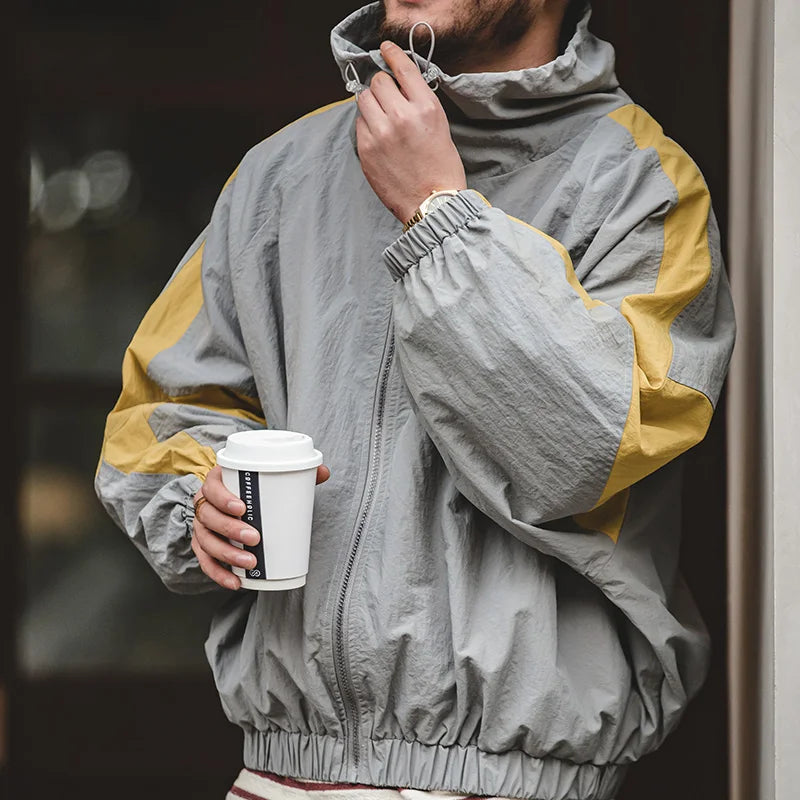 Casual Detachable Double Zipper Patchwork Jackets Stand-up Collar Loose Fit Letter Jacket For Men's Spring and Fall Coat