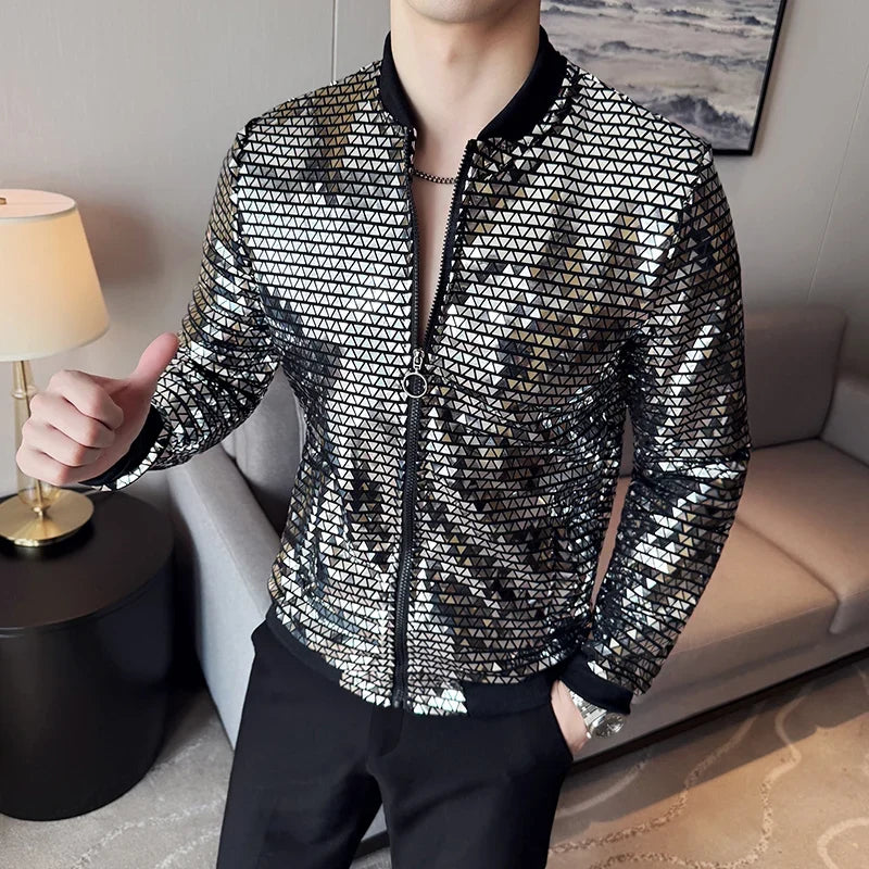 Men's Fashionable and Personalized Silver Sequin Jacket Summer New Ball Performance Suit Jacket Hip-hop Fashion Street Wear