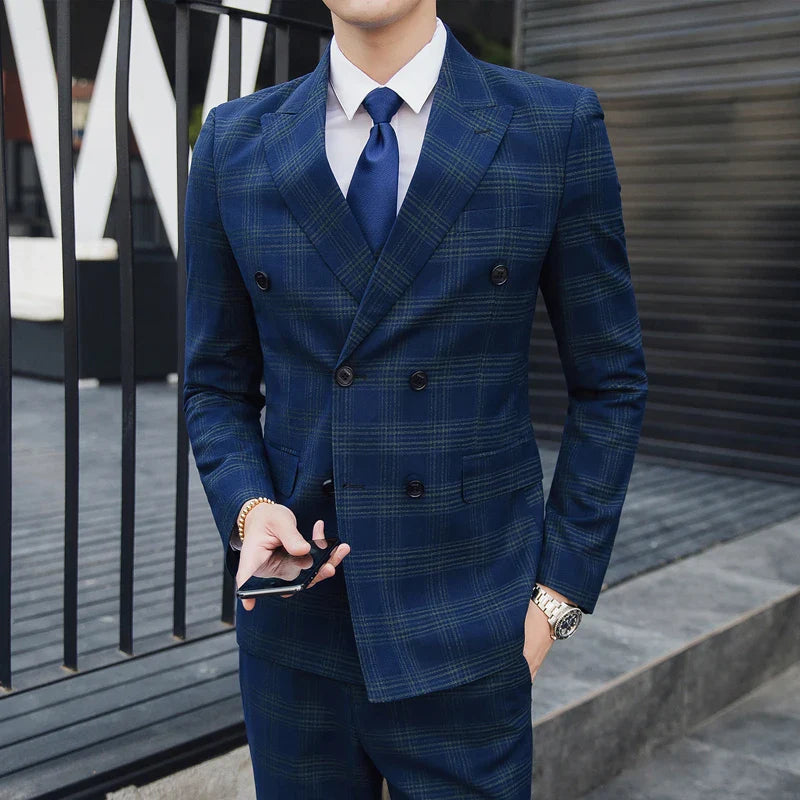 S-5XL ( Blazer + Pants ) Men's High-end Brand Formal Double Breasted Suit Gray 2 Piece Set Wedding Dress Plaid Suit Groom Party
