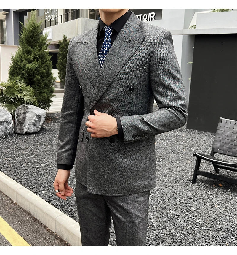Men Vintage Luxury Double Breasted Slim Fit Lapel Evening Gown ltalian Style Fashion High-end Groom Wedding Party Tuxedo 2 Piece