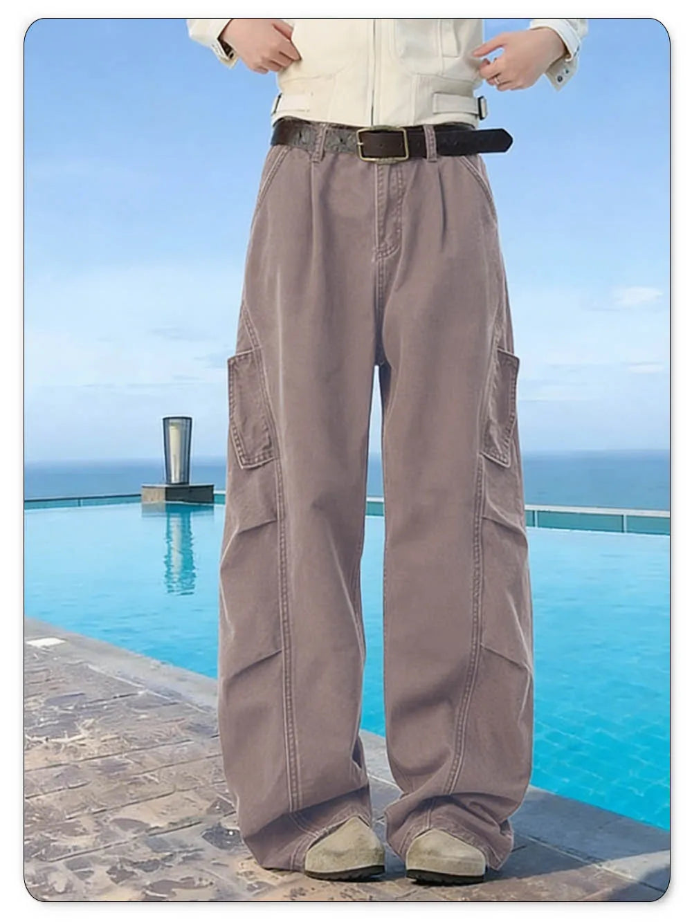 Spring Summer Retro Brown Baggy Wide Leg Casual Jeans 100% Cotton Daily Folded Splicing Deconstructed Casual Pants Unisex