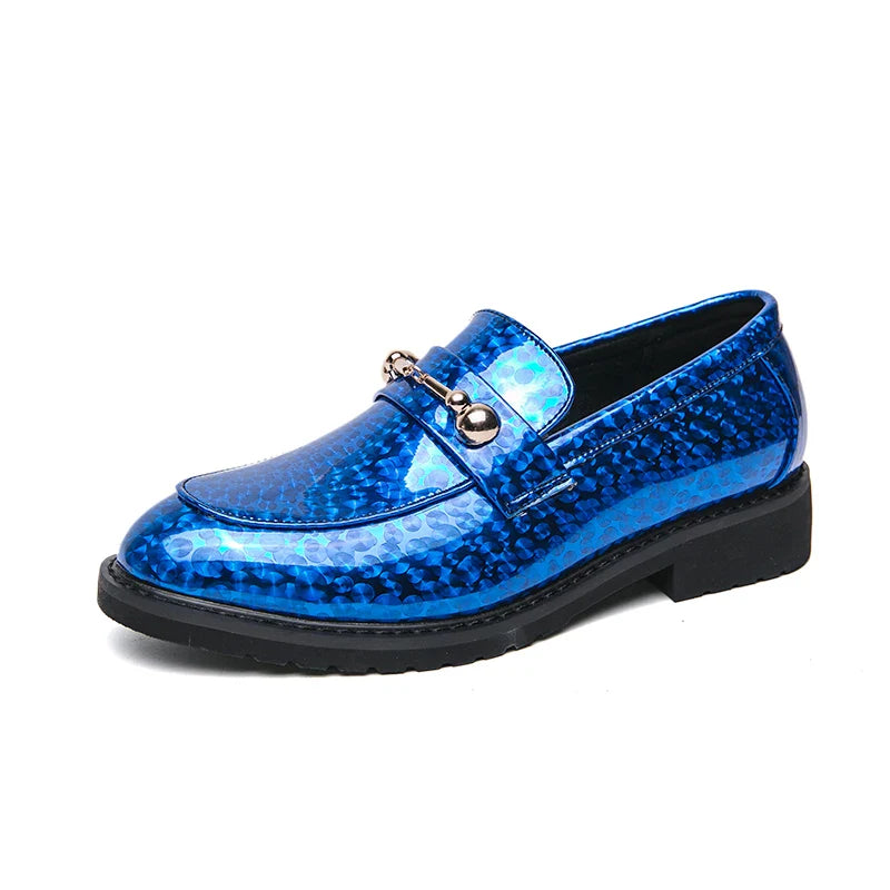 Men's Glossy Leather Shoes European American Luxury Blue High-end Banquet Loafers Commuting Party Dress Formal Shoes Size：38-46
