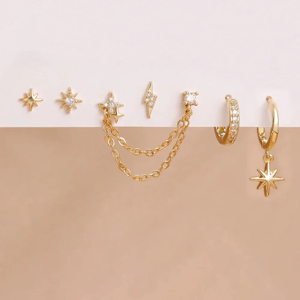 6PCS Fashion Cute Zircon Flower Ear Stud For Women Fashion 18K Gold Plated Star Ear Stud Earring Piercing Girl Set Jewelry Gift
