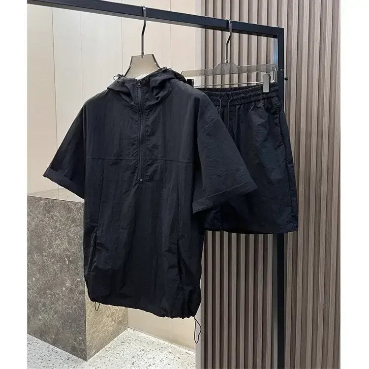 Summer Cargo Hooded Tracksuit Short Sleeve T-shirt Zipped and Shorts Outfits Quick Drying Solid Casual Outdoor Sport Clothes Set