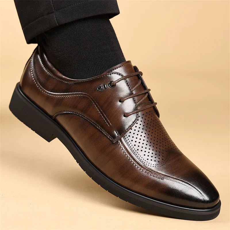 Men's Summer Breathable Leather Shoes Hollow out Comfortable Fashionable Business Formal Derby Shoes British Style-SJ2502-1