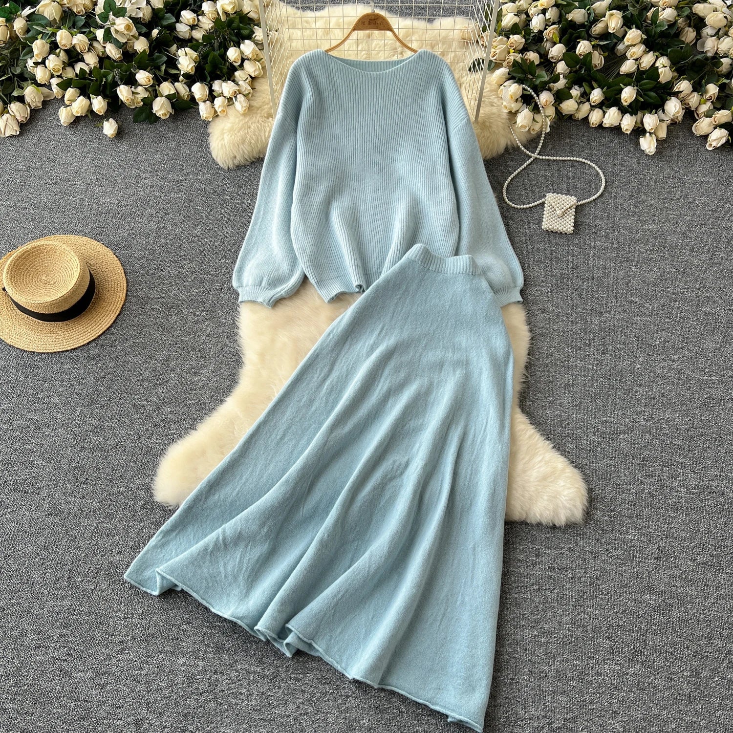 Autumn Casual Two Pieces Sets Women O-Neck Loose Knitting Top+Elastic Waist Large Swing Skirt Basic Korean Winter Sets