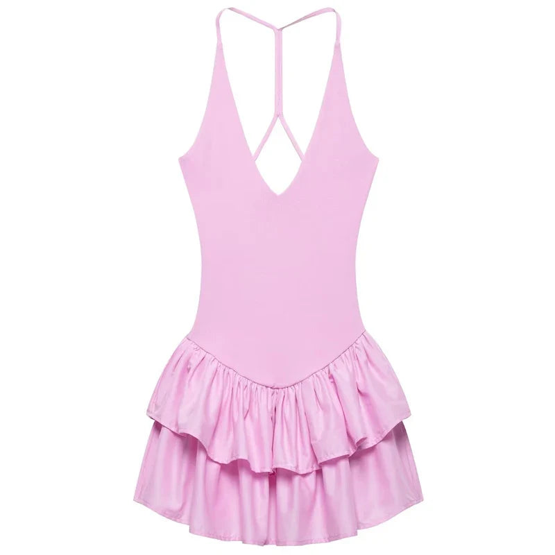 Women's Dresses 2025 Halter Pink Mini Dresses Chic v Neck Layer Ruffles Hem Dress A Line Vestido Summer Ladies Street Party Wear