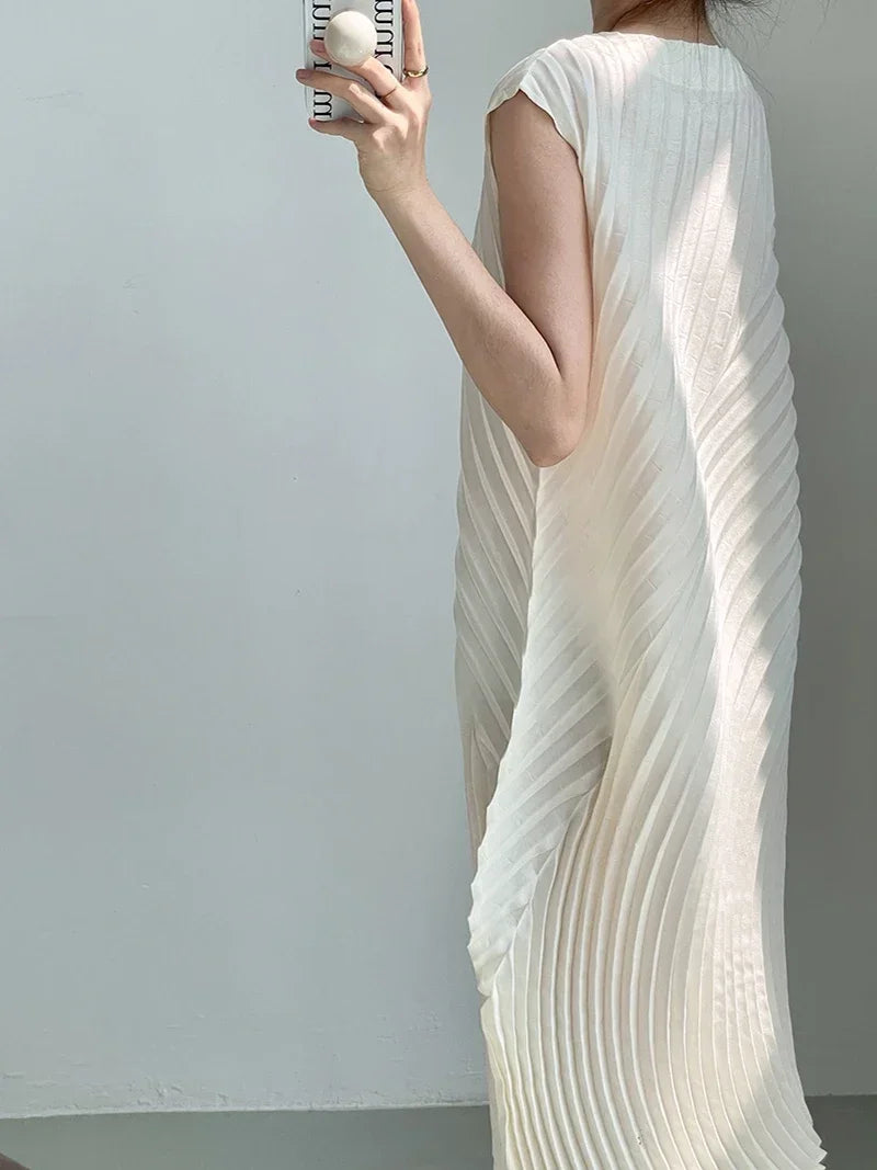 Hand Circle Pleated Sleeveless Dress Designer Long Round Neck Elegant Loose Summer Korean Style Aesthetic Clothes