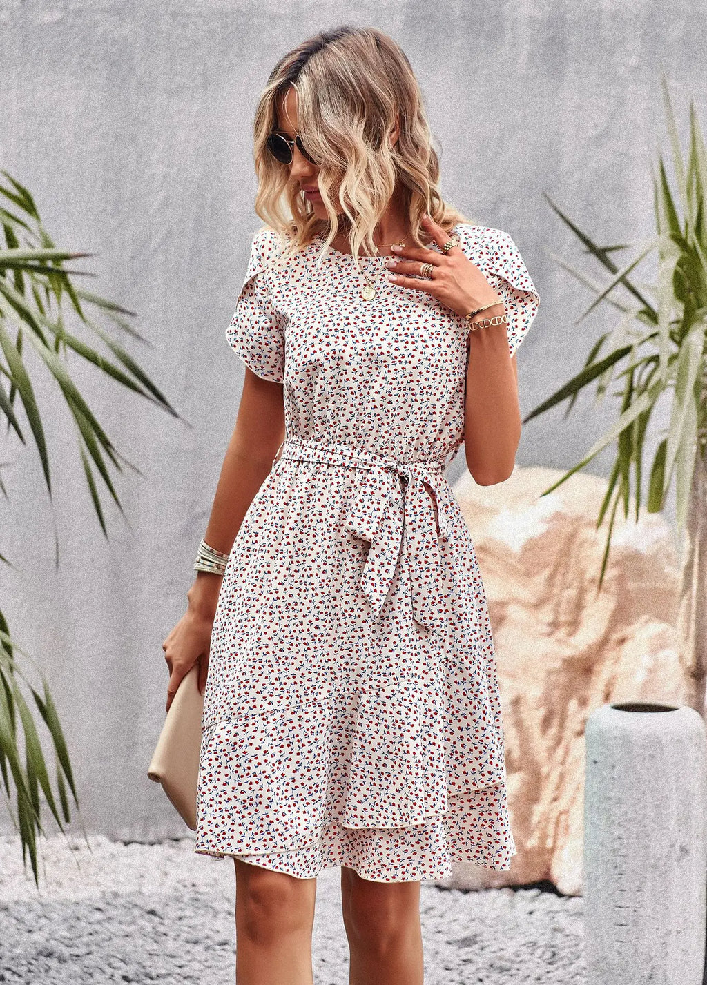Summer O Neck Casual Printd Women Strap High Waist Pleated Floral Dress