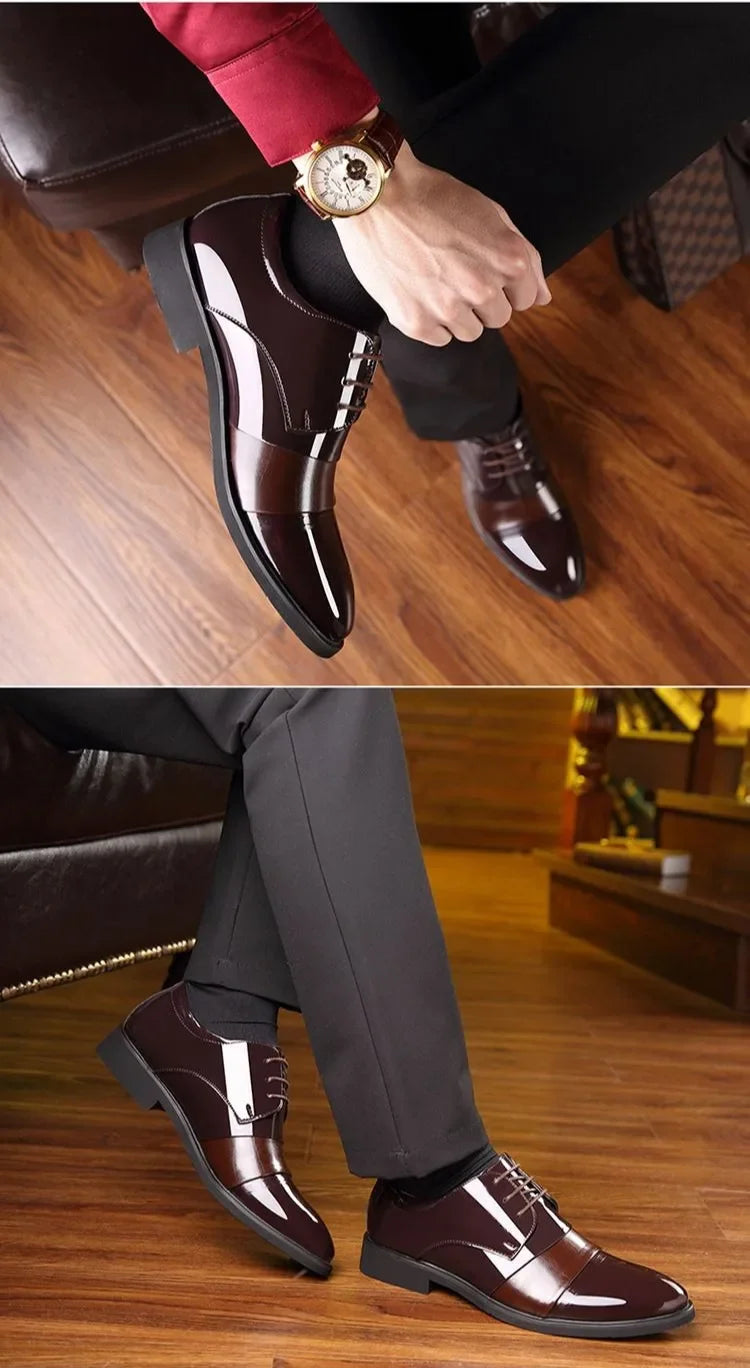 New Men Round Toe Leather Shoes Business Casual Office Summer Flat Big Size Elevator Shoes Wedding Formal Loafers
