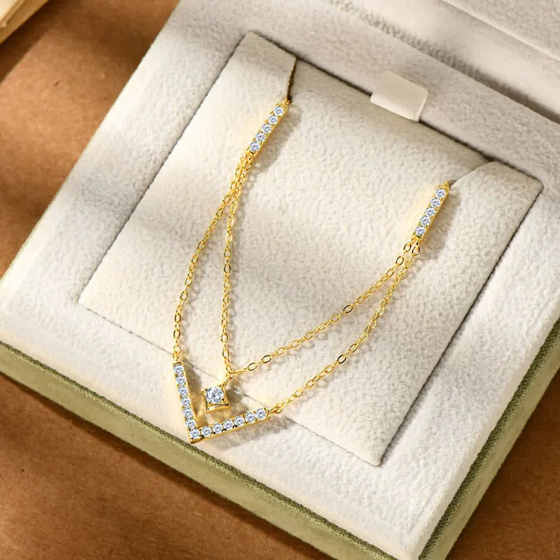Sparkling 3mm&1.8mm Round Moissanite Necklace 925 Sterling Silver Fashion V-Shape Necklaces for Women Fine Jewelry Gift