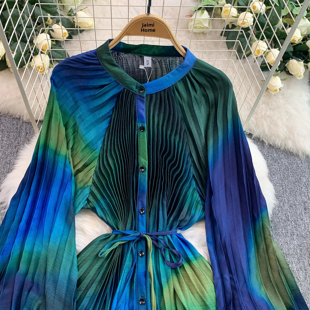 Printed round Ne Lantern Sve Dr Women's Single Button Waist Cinch Maxi Skirt Long Dr Commute Sle Autumn