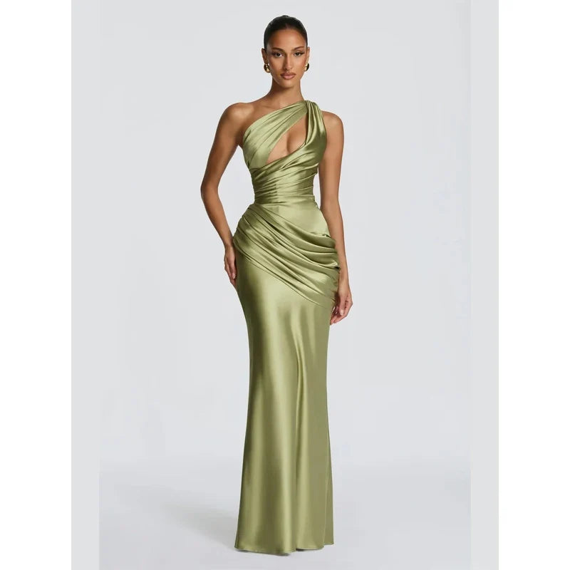 Solid Satin Cowl Neck Women's Dress Elegant Sleeveless Ruched Waist Fishtail Bodycon Lady Vestido 2026 Summer Party Dresses