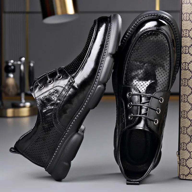 Summer Hallow Cow Leather Shoes for Men Fashion Casual Black New Designer Dress Shoes Male Lace Breathable Platform Shoes Man