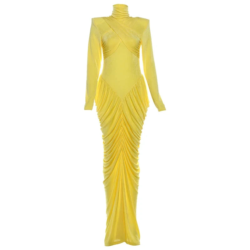 Autumn New Style Maxi Dress Women Turtleneck Full Sleeve Backless Skinny Stretch  Prom Party Ruched Elegant Vestidos