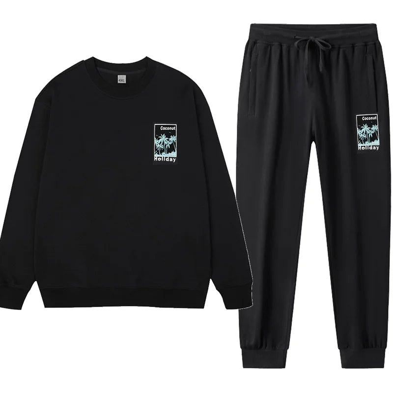 طقم سويتشيرت رجالي قطعتين مقاس كبير 1XL-7XL بنطلون رياضي عصري كاجوال مطبوع بياقة مستديرة للرجال من 110-185 كجم