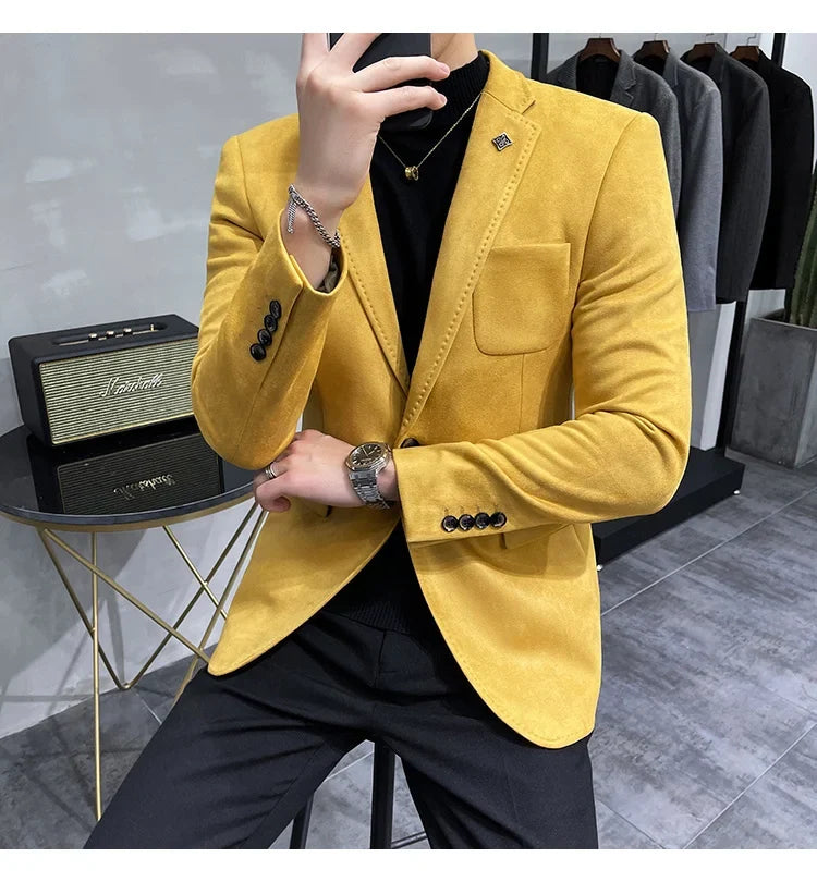 Plus Size 4XL-M Autumn Deerskin Velvet Jackets Blazer 6 Color Men Business Slim Blazers Hommes Casual Wedding Tuxedo Suit Coat