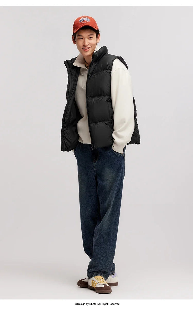Down Vest Men 2024 Winter New Thermal Three-Proof Coat Solid Color Puffer Vest Versatile Vest