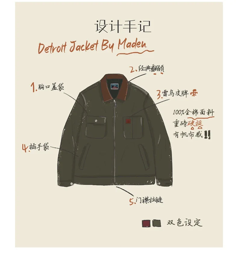 Retro Heavyweight Canvas Detroit Jacket Corduroy Collar Hunting Short Zip-Up Jacket with Pockets Men's Autumn Outerwear