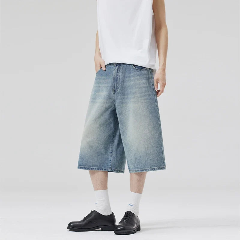 Summer New Fashion Denim Shorts Loose Straight Casual Vintage American Personality Jeans Streetwear Male Short Pants
