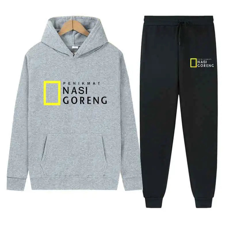 Autumn Men Gray Blue Casual 2PC Sets Trend Hoodie Tops Slim Pants Warm Sweatshirts Street Fashion Concise Printed Sports Suit