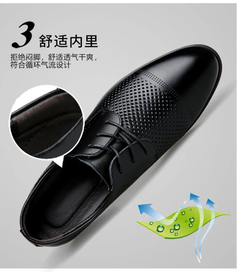 Mens Black Genuine Leather Perforated Cap Toe Lace Up Formal Business Oxford Shoes Breathable Summer Office Casual Dress Shoes