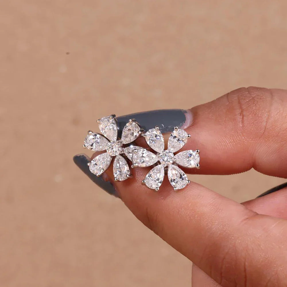 Cluster Flower Full Moissanite Stud Earrings for Women Pear Cut Lab Diamond Earring 925 Sterling Silver Ear Studs Fine Jewelry