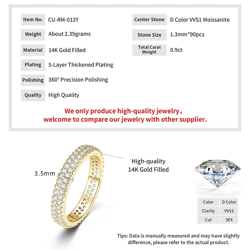 Sparkling 1.3mm D Color Full Moissanite Eternity Ring 14k Gold Filled Double-row Finger Bands GRA Cerified Rings for Womem