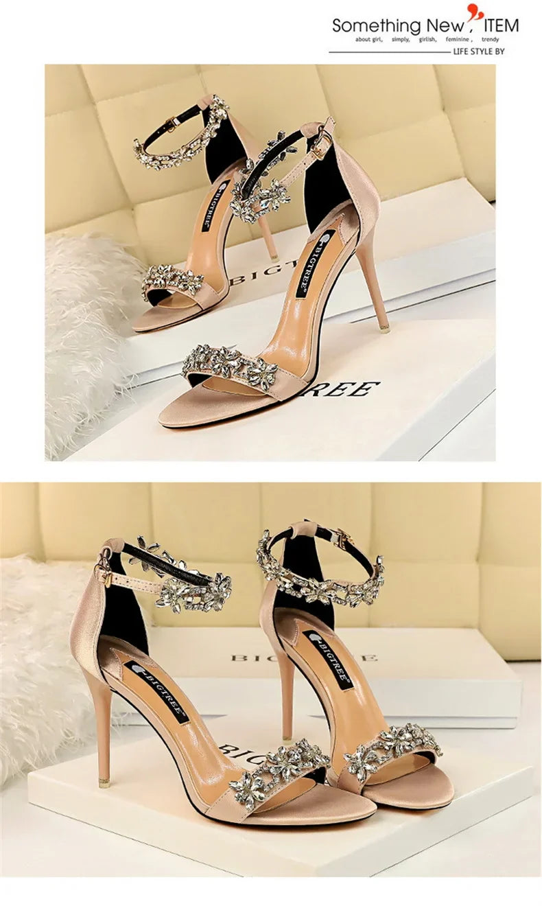 Open Toe Rhinestones Sandals Women 2024 New Designer Luxury High Heels Female Shoes Summer Heeled Satin One Word Belt 368-1