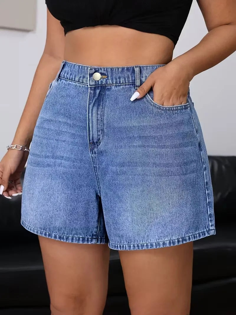 Plus Size Retro Deep Blue Elastic Washed Denim Shorts Women Summer New Y2k Streetwear High Waisted Loose Jean Shorts