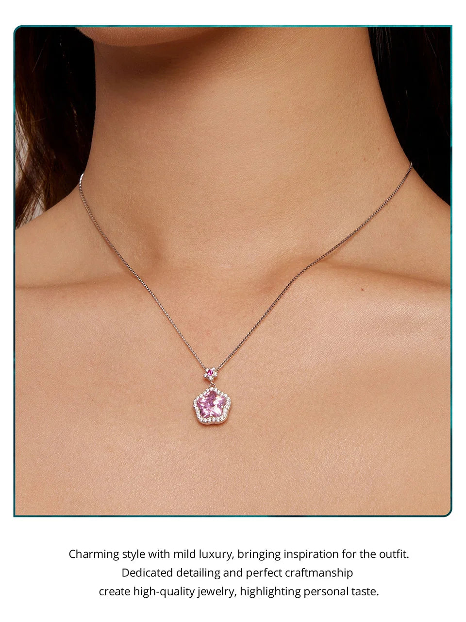 925 Sterling Silver Pink Flower Pendant Necklace Little Star Neck Chain Pave Setting CZ for Women Valentine's Day Gift
