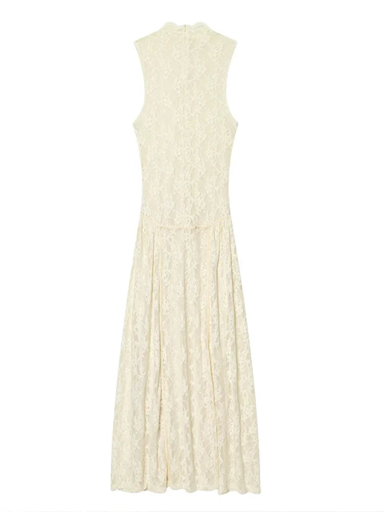 HH Women's Spring Summer Stylish Off‑White High Neck Lace Sleeveless Dress Female Elegant Temperament Zipper Long Party Dress