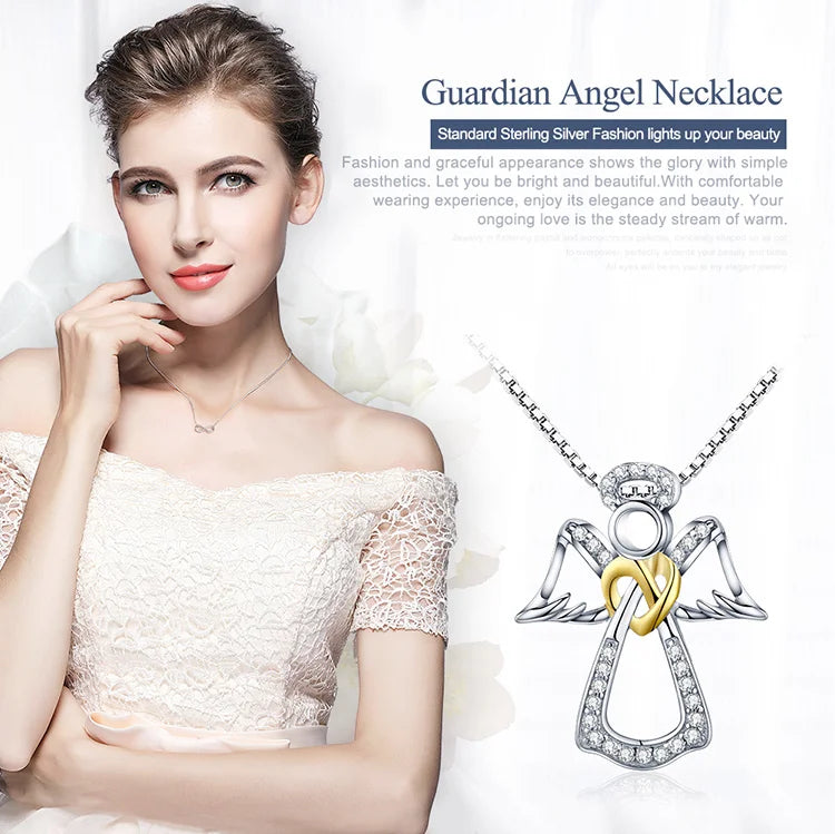 925 Sterling Silver Guardian Angel Pendant Necklace Angel Wing Chain for Women Dazzling Zircon Luxury Jewelry SCN123