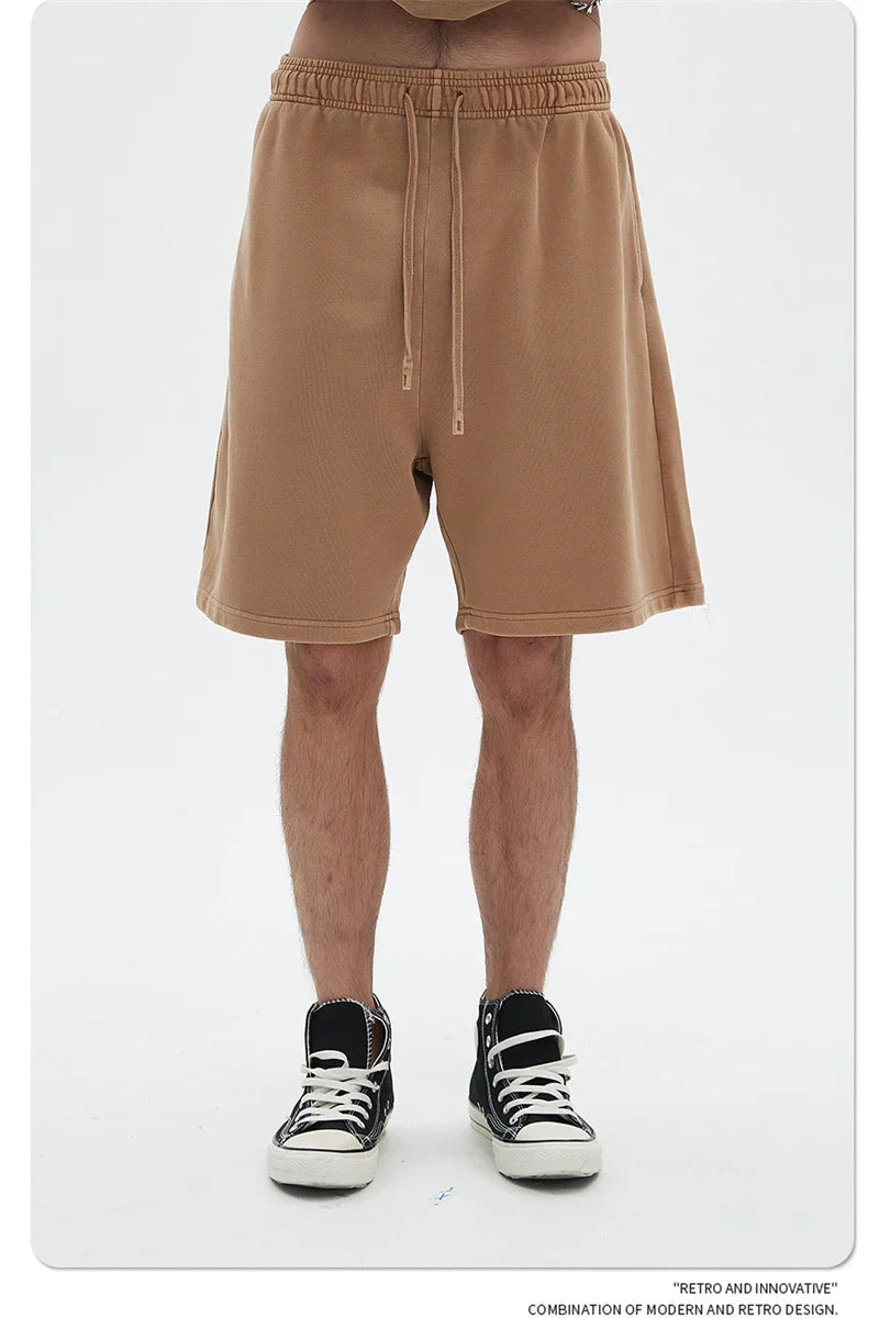 Fashion Summer Men 420gsm Washed Cotton Shorts Retro Unisex High Street Terry Knee Length Short Pants Streetwears HY0845