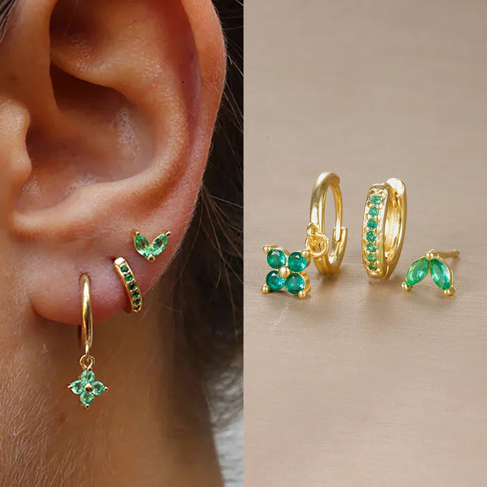 3PCS Trendy Stainless Steel Flower Drop Earring Set For Women Crystal Zirconia Dangle Earring Hypoallerg Piercing Jewelry aretes