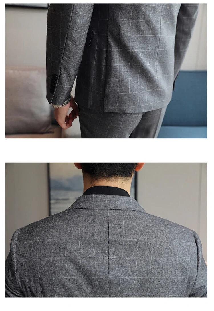 S-5XL ( Blazer + Pants ) Men's High-end Brand Formal Double Breasted Suit Gray 2 Piece Set Wedding Dress Plaid Suit Groom Party