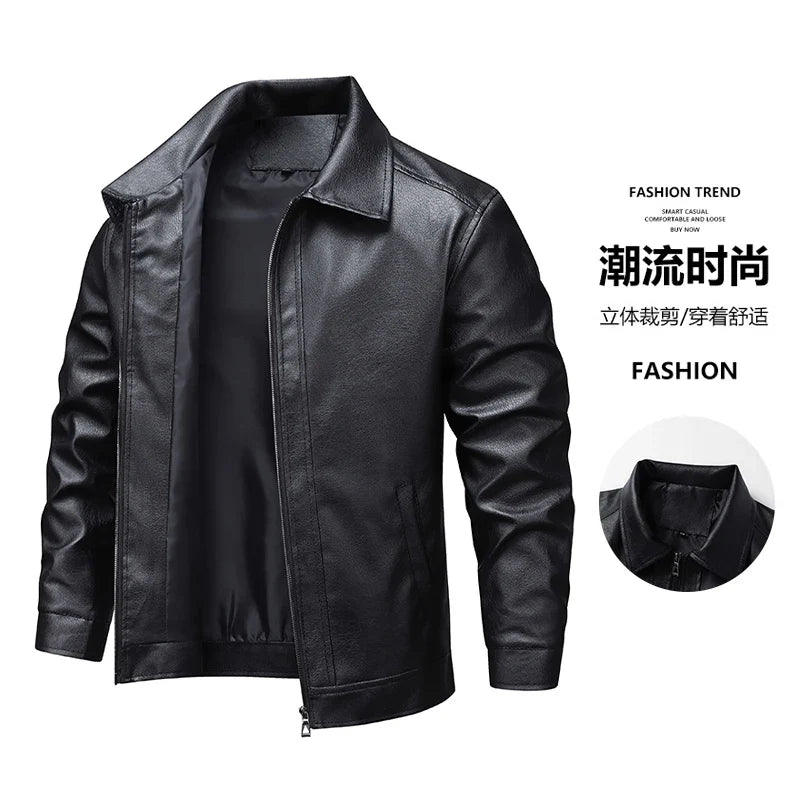 2025 new spring and autumn men's turn-down collar leather jacket men casual coat men's top windproof Loose fit trendy jacket