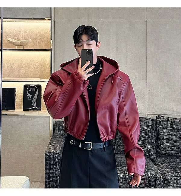 Spring Autumn Short Waterproof Black Pu Leather Jacket Men Hood Zipper High Waist Loose Casual Korean Fashion 2025