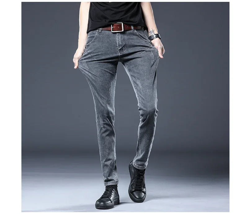 2026 New Gray Skinny Jeans Men's Slim Elastic Korean Fashion Vintage Casual Feet Male Clothing Denim Trousers 27-36