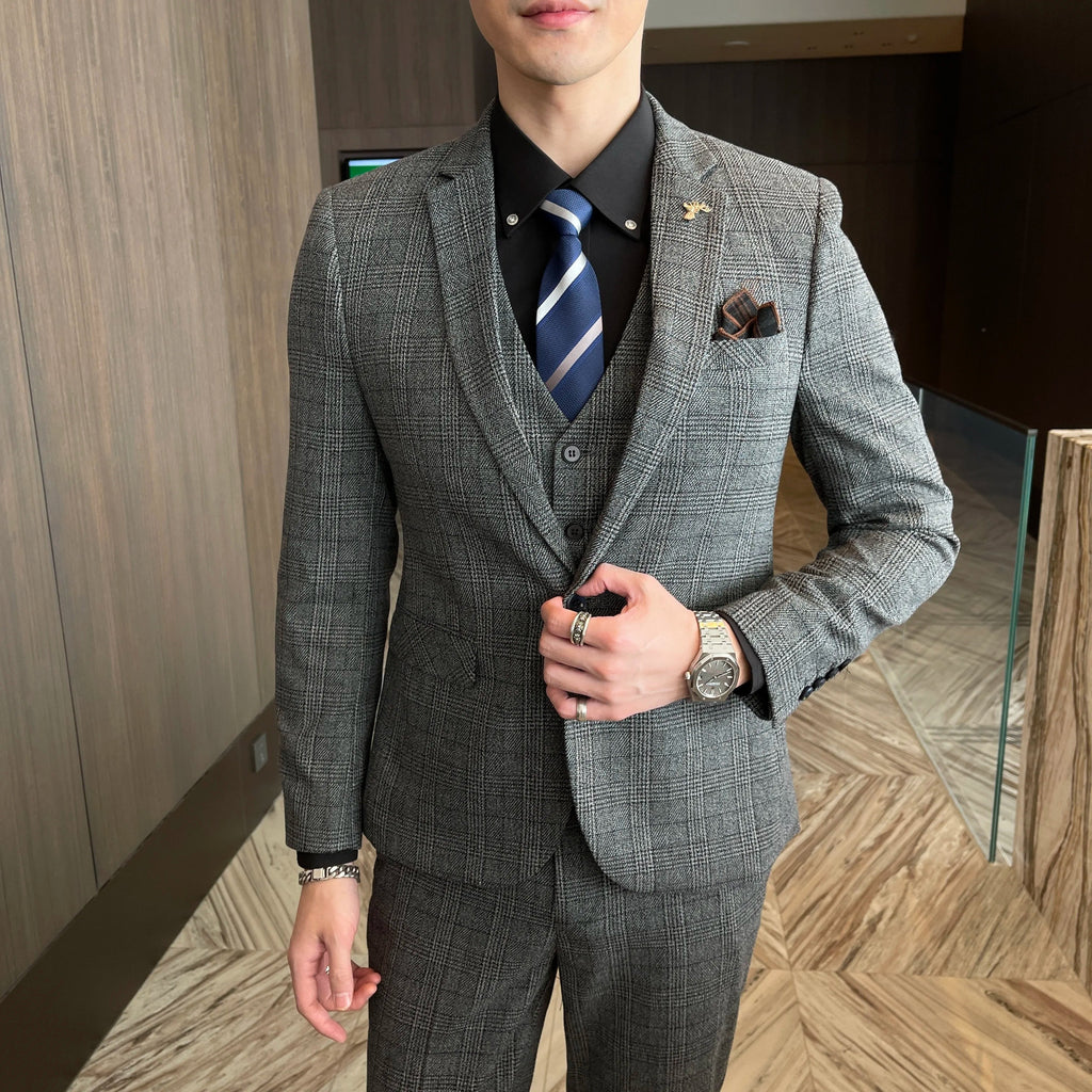 British Modified Plaid Three-Piece Suit for Men - Stylish Business Casual Suit Vest And Trousers Set