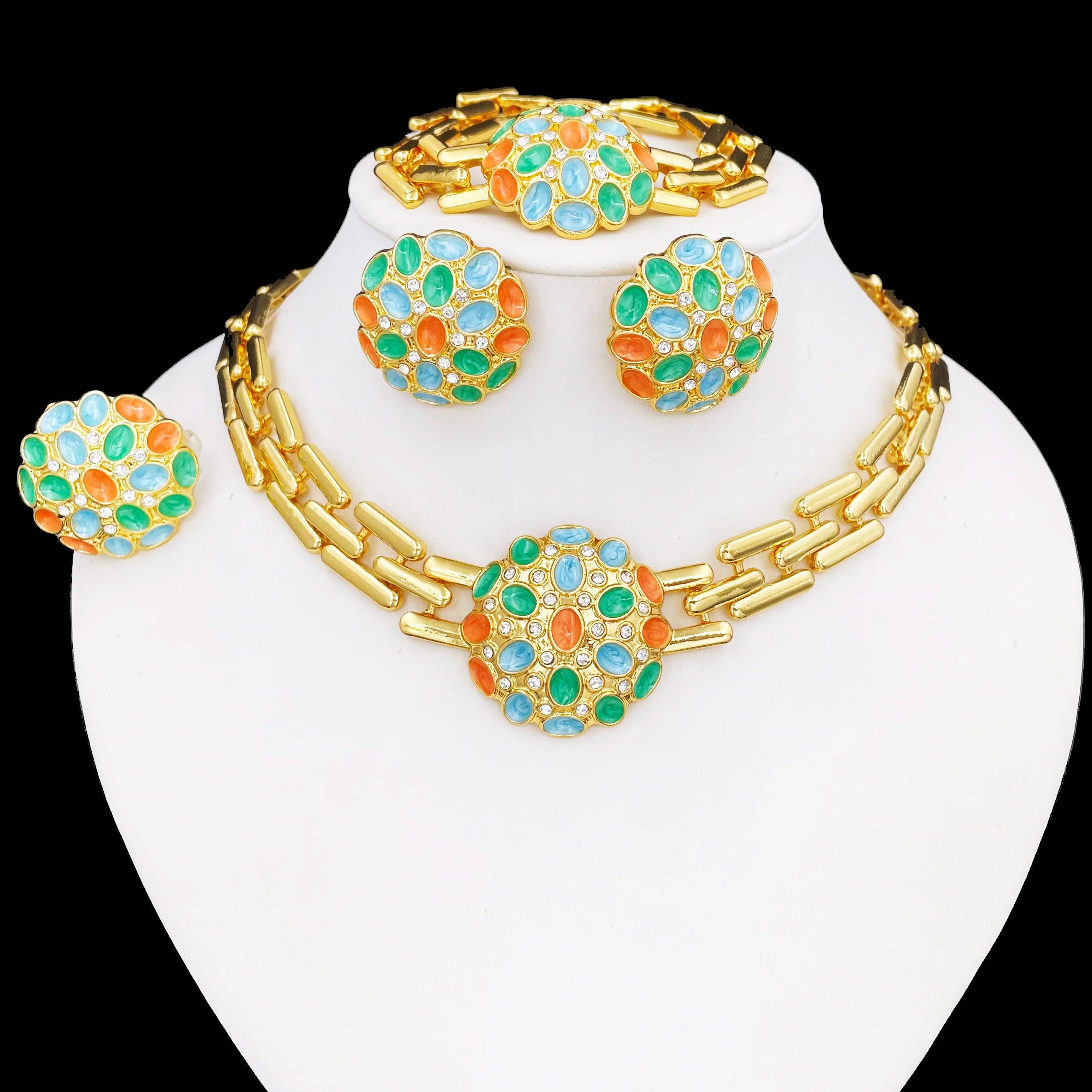 Women Jewelry Set Colorful Classic Design 18K Gold Plated Necklace Earrings Bracelet Ring 4PCS Set Jewelry Wedding Party Gift