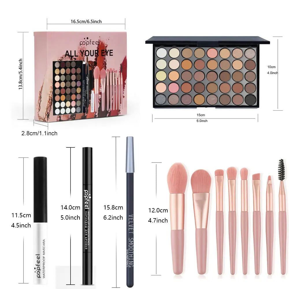 Professional Eye Makeup Set: Eyeshadow Palette, Eyeliner, Brow Pencil, Mascara +8 Makeup Brushes - Perfect for Beginners