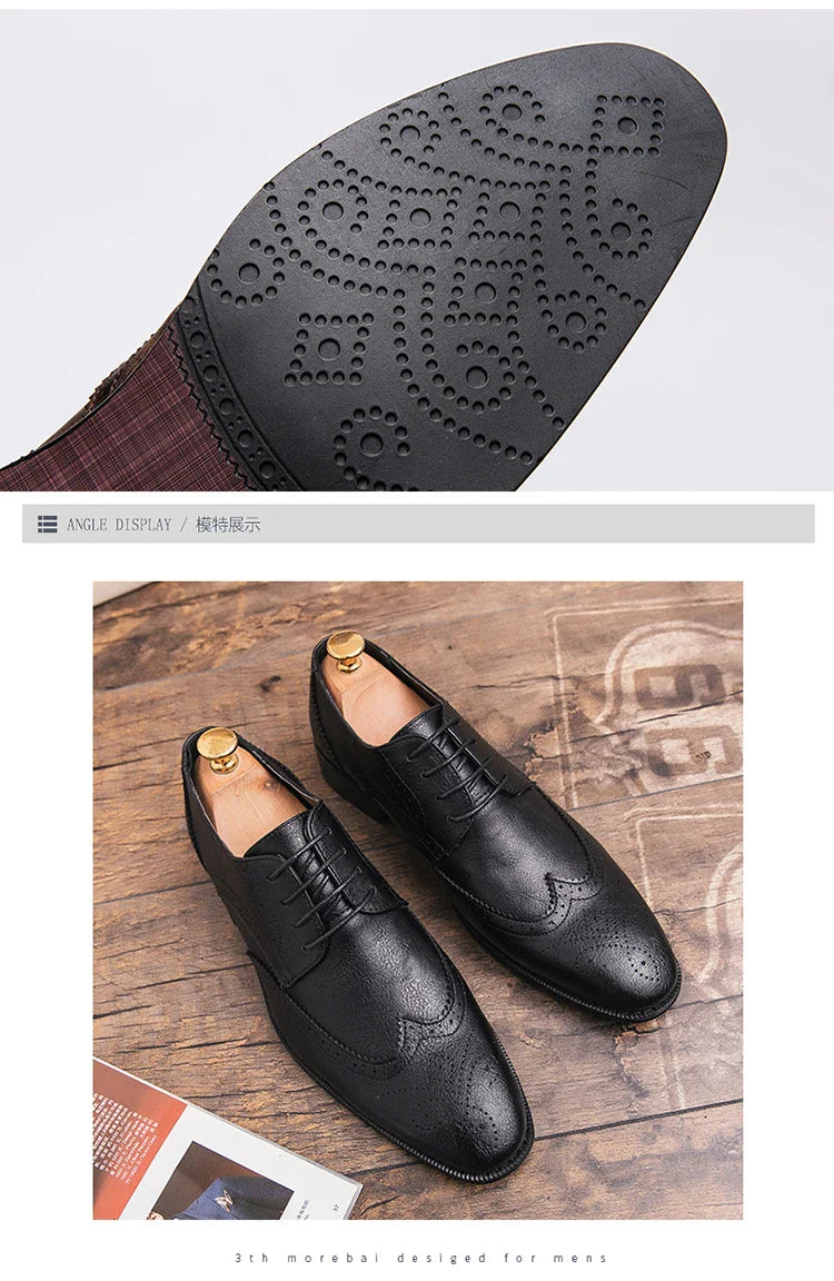 Lace-up casual leather shoes Men's wedding carved Brogues men's formal business pointed shoes Groom's leather shoes