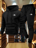 Men's Autumn and Winter Pattern Casual Two-Piece Set Hooded Sweatshirt and Pants with Pockets Regular Fit Outdoor Sport Suit