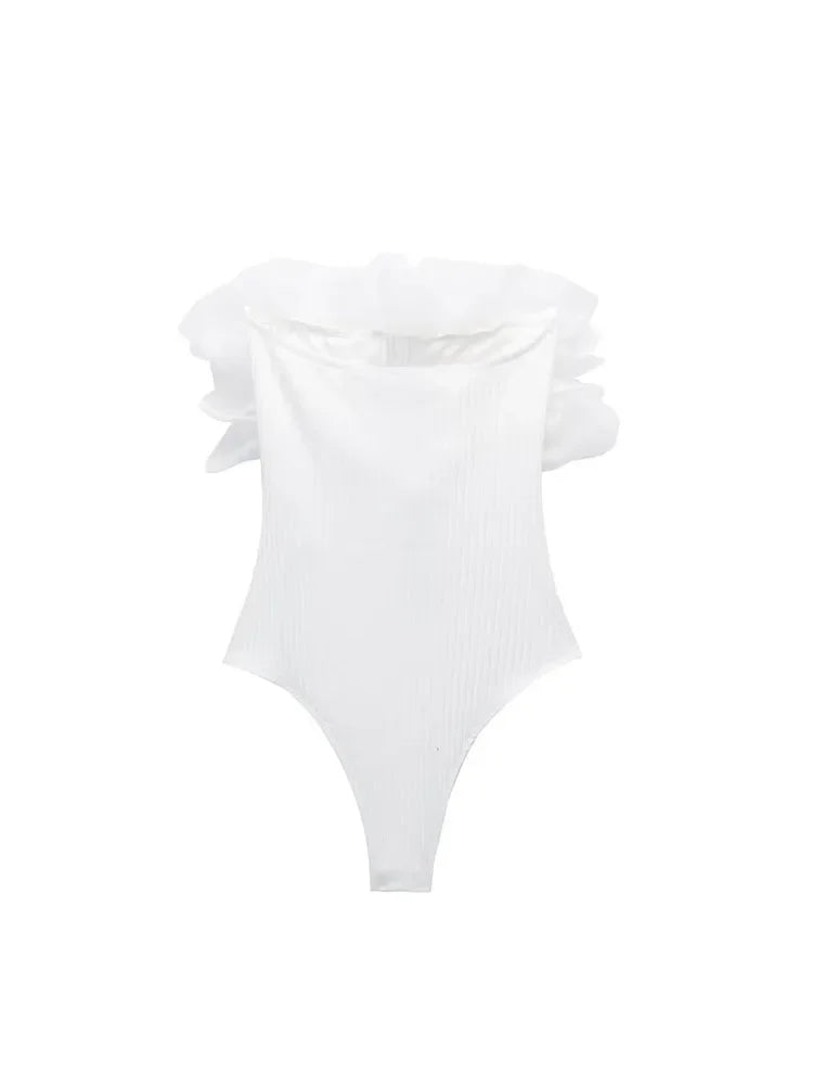 Willshela Women Fashion Ribbed Bodysuit With Organza Ruffle Vintage High Elastic Sexy y2k Female Chic Lady Tops body femme