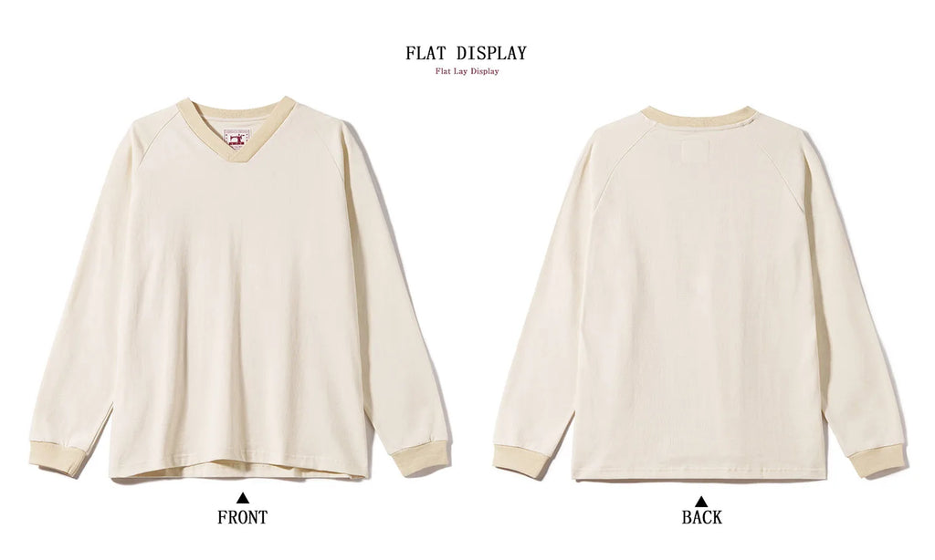 300G Combed Cotton Long Sleeved T-shirt for Men, V-neck Long Sleeved Base Shirt, Loose Basic Style, Heavy-duty Washed