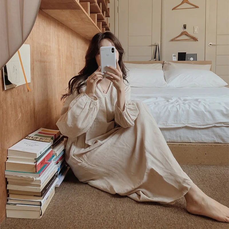 Vintage 100% Cotton Women Dress V Neck Long Sleeve Korean Jananse Pajama Dresses Ladies Comfortable Homewear Wearable Outside